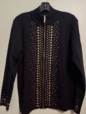 Belldini Women's S Embellished Rhinestone Zip Sweater Cardigan Lg Black